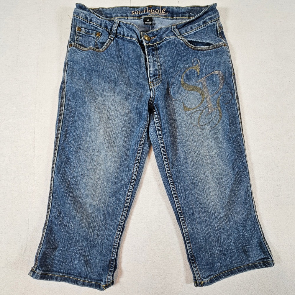 Southpole Capri Jeans Womens 14 Blue Embroidered Glitter Logo Y2K Streetwear
